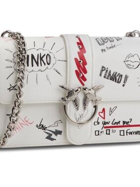 Pinko White Graffiti-Print Shoulder Bag with Silver Hardware